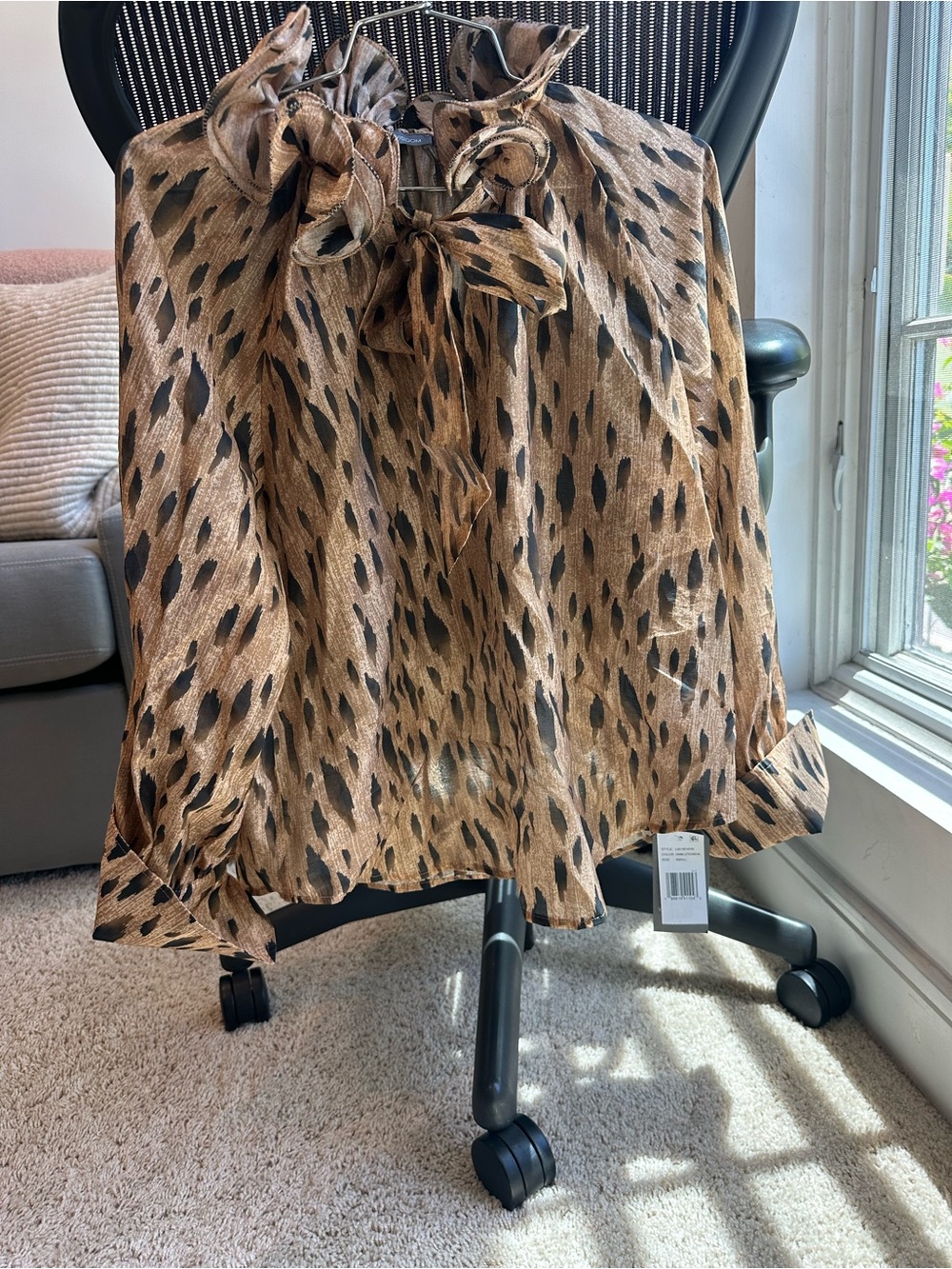 Wit & Wisdom Brown and Black Animal-Print A-Line Button-Down Top with Tie Neck